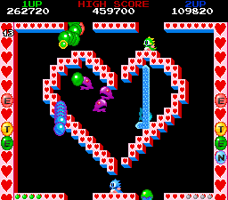 Bubble Bobble also featuring Rainbow Islands (DOS) screenshot: Bubble Bobble: Activate water bobbles to flush monsters away.