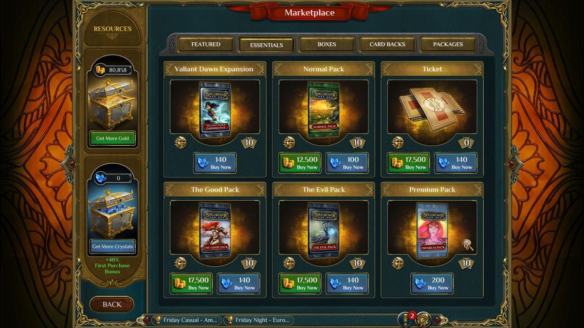 Spellweaver (Windows) screenshot: The has common (gold) and premium (crystals) currency.