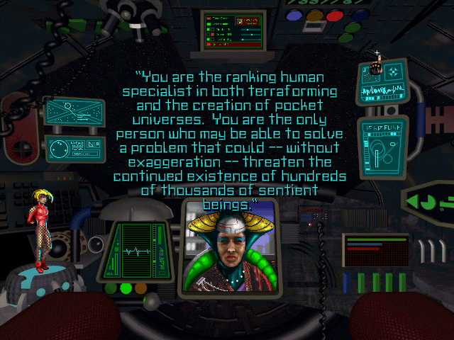 Chronomaster (DOS) screenshot: Terran representative summarizes the game