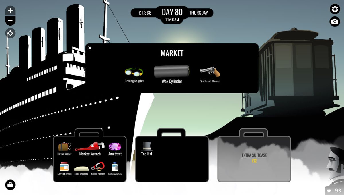 80 Days (Windows) screenshot: On nearly all of the stops you can buy or sell gear that could be useful on your journey