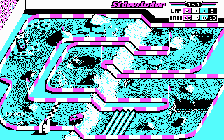 Ivan 'Ironman' Stewart's Super Off Road (DOS) screenshot: 4-color racing on the first track (CGA)