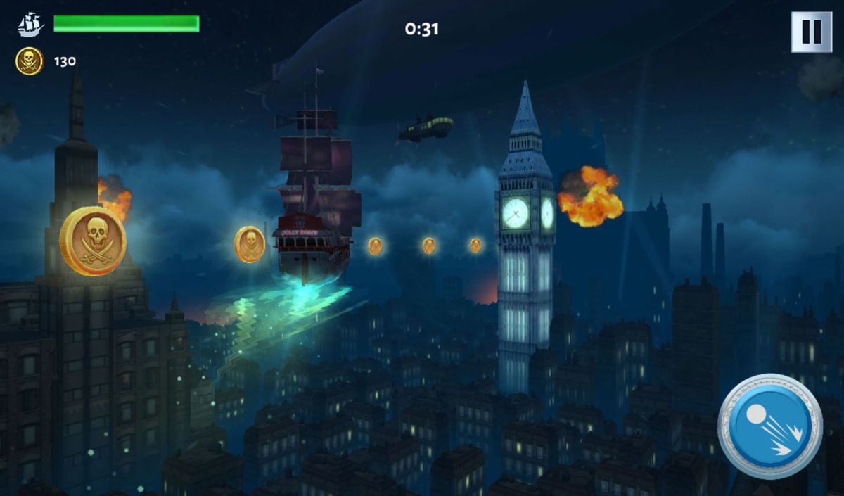 Pan: Escape to Neverland (Android) screenshot: A level where you control the ship flying through the air.