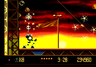 VectorMan (Genesis) screenshot: The next stage takes place during sunset, but the surroundings and enemies are basically the same, nothing new