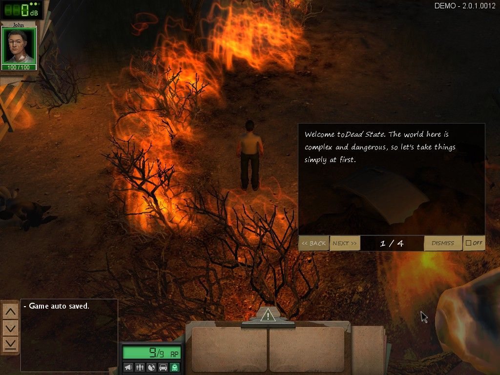 Dead State: Reanimated (Windows) screenshot: Welcome message outside the burning plane. This is where the game starts.