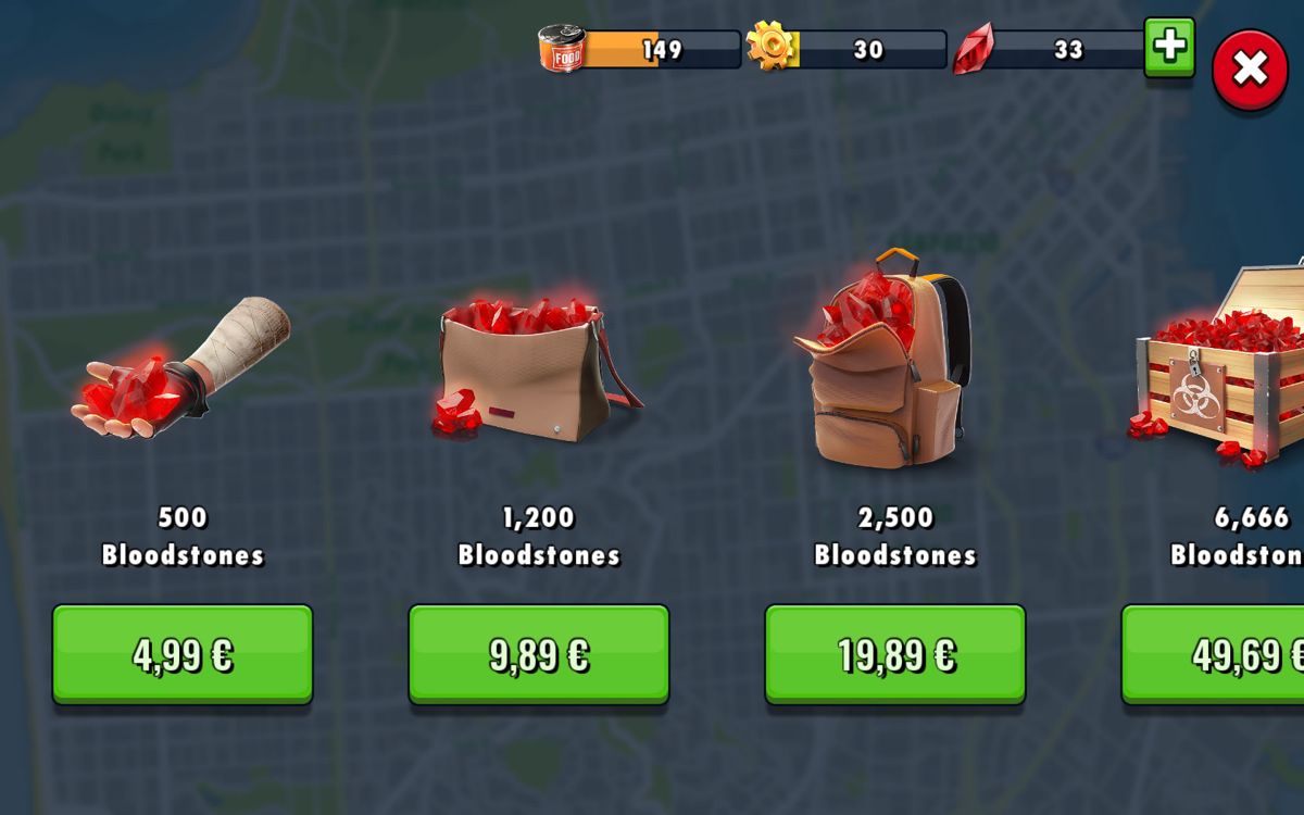 Zombie Anarchy (Windows Apps) screenshot: Bloodstones are the premium currency.
