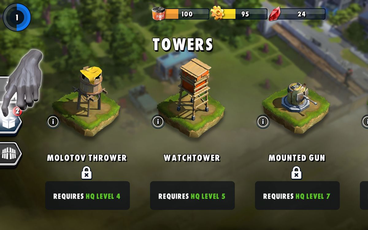 Zombie Anarchy (Windows Apps) screenshot: Options for towers to defend the base.