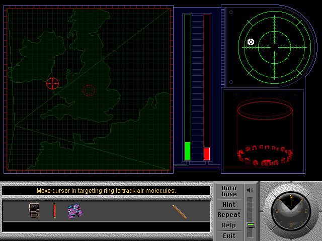 Team Xtreme: Operation Weather Disaster (Windows 3.x) screenshot: The objective is to align with the mouse the three green lines to capture the red reticule