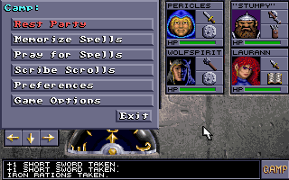 Eye of the Beholder II: The Legend of Darkmoon (DOS) screenshot: Camping options