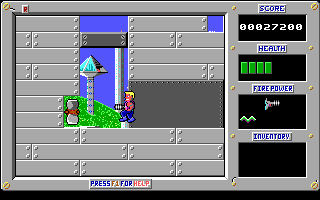Duke Nukum: Episode 3 - Trapped in the Future (DOS) screenshot: The future looks much cleaner. And look! Wind power with propellers! Clean energy at last -- much better than those rockets.