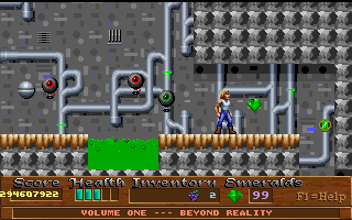 Xargon (DOS) screenshot: Xargon's reactor is teeming with acid pools and robots.