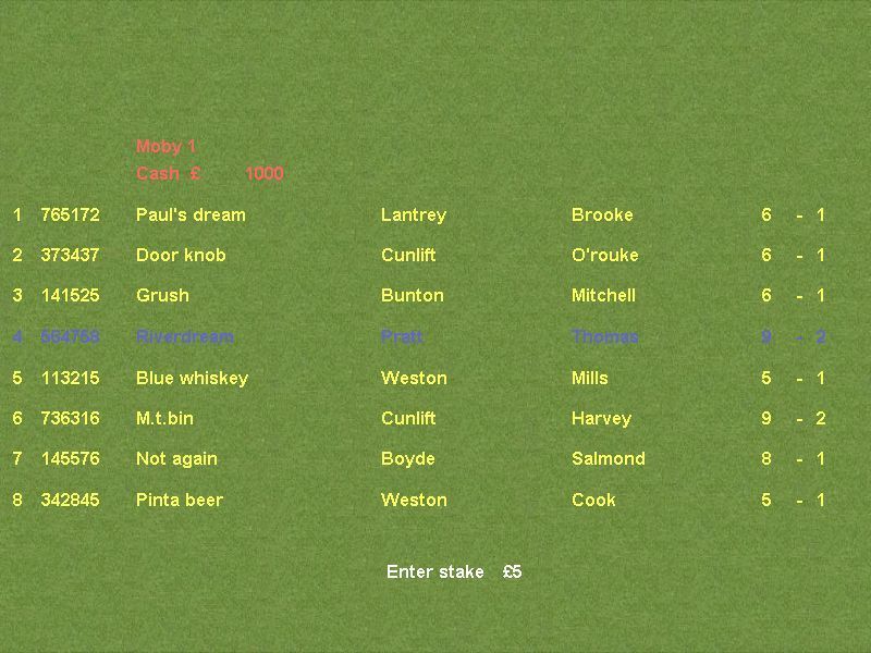 Derby Day (Windows) screenshot: Placing a bet<br>There's a BETS option on the main game screen. From there the player selects the bet type and is presented with this screen where they select their horse(s)