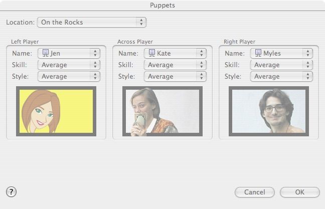 iPuppet presents: Colin's Classic Cards (Macintosh) screenshot: Selecting characters to play in one of the card games.