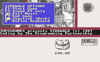Sidewalk (Commodore 64) screenshot: Main Menu (UK)