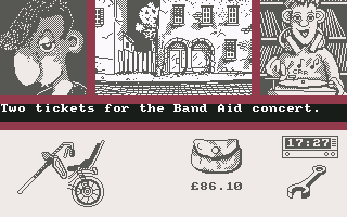 Sidewalk (Commodore 64) screenshot: Buying 2 tickets in Record Shop (UK)...