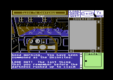 Uninvited (Commodore 64) screenshot: Get out of the car.