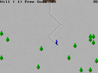 Ski King (DOS) screenshot: Snowboarding down the hill.