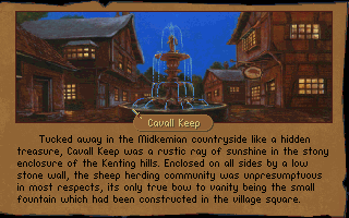 Betrayal at Krondor (DOS) screenshot: Cavall Keep - Meet Owyn's uncle here, though his castle just burnt down. The town has a nice inn and an armory.
