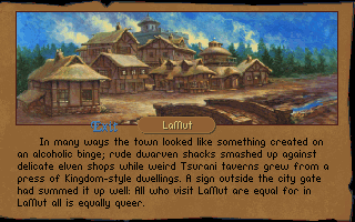 Betrayal at Krondor (DOS) screenshot: Towns offer a different services. LaNut, on of the first towns you will visit, for example provides a Fletcher and an Inn.