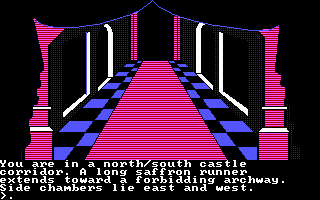 The Crimson Crown (DOS) screenshot: One of many hallways to wander down (PCjr)