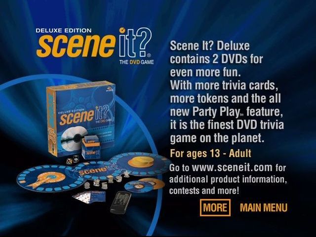 Scene It?: Turner Classic Movies Edition (DVD Player) screenshot: The Main Menu's products option shows Scene It? Deluxe, Scene It? Sequel Pack, Scene It? TV Edition, Scene It? 007 Edition and Scene It: Jr