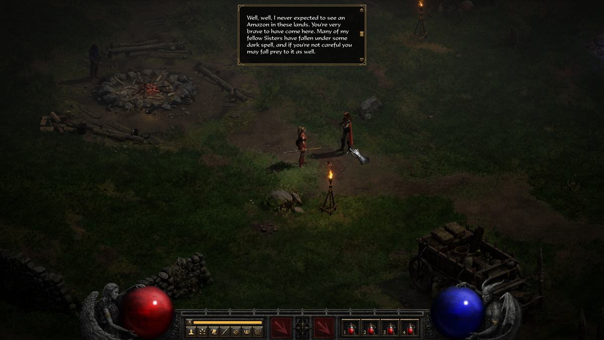 Diablo II: Resurrected (Windows) screenshot: Listening to Kashya in the Rogue Encampment.