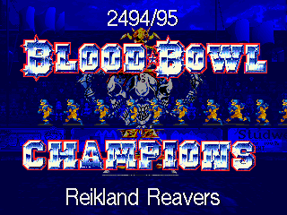 Blood Bowl (DOS) screenshot: Reikland Reavers are the 2494-95 champs!