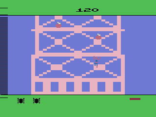 Spider-Man (Atari 2600) screenshot: Watch out for bombs on the tower...
