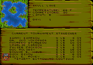 Bass Masters Classic (Genesis) screenshot: Tournament standings