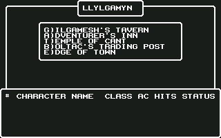 Wizardry: Legacy of Llylgamyn - The Third Scenario (Commodore 64) screenshot: Main Menu in Llylgamyn...