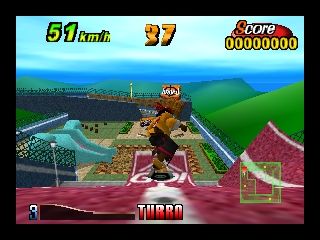 Air Boarder 64 (Nintendo 64) screenshot: Bobby going down the ramp.