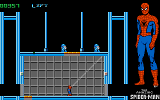 The Amazing Spider-Man (DOS) screenshot: Webslinging at the lifts.