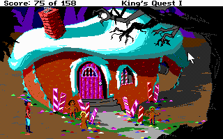 Roberta Williams' King's Quest I: Quest for the Crown (DOS) screenshot: Hmmm, a candy house... (EGA)