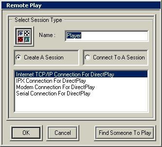 Internet Games For 2 (Windows) screenshot: The drop down menu for remote play showing the connection options available