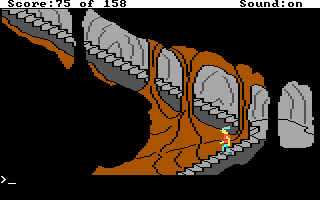 King's Quest (DOS) screenshot: Walking down stairs. (EGA/Tandy)