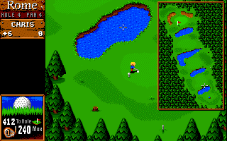 Sensible Golf (DOS) screenshot: Left: map. Middle: Golfer pondering water hazard.