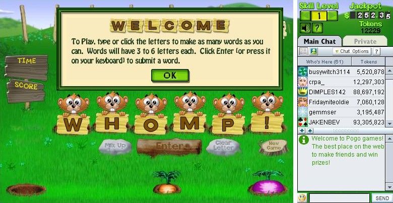 Word Whomp (Browser) screenshot: Welcome screen and instructions