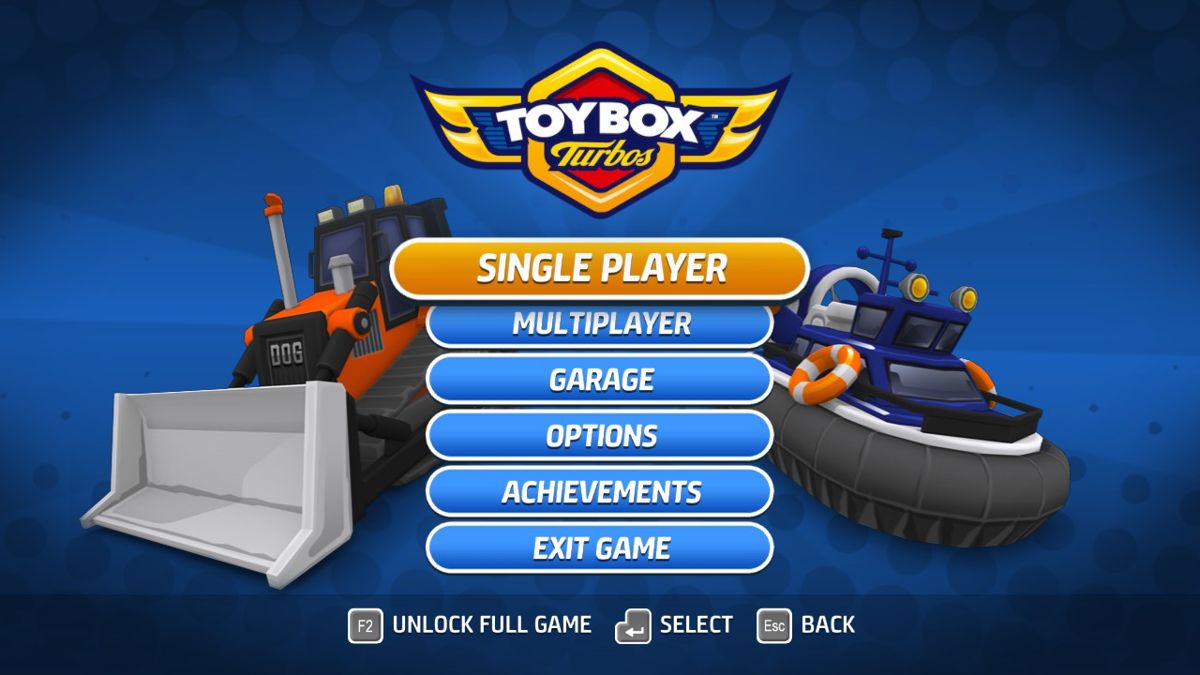 Toybox Turbos (Windows) screenshot: Title and main menu