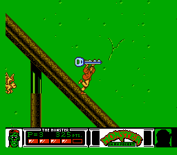 Monster in My Pocket (NES) screenshot: The Monster runs down a handrail and becomes invincible when he reaches top speed.