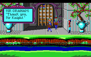 Roberta Williams' King's Quest I: Quest for the Crown (DOS) screenshot: Graham talks to the castle guards in the game's introduction. (EGA)