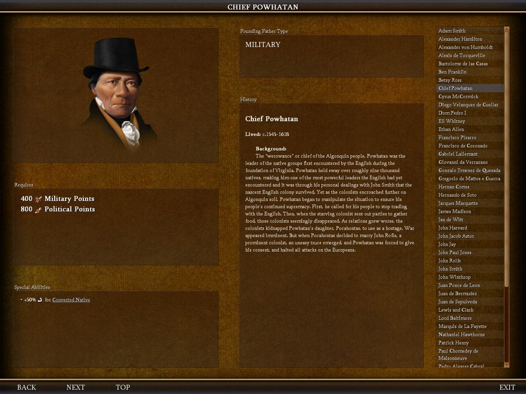 Sid Meier's Civilization IV: Colonization (Windows) screenshot: The Civilopedia-entry about Chief Powhatan.