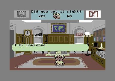 Trivial Pursuit (Commodore 64) screenshot: The answer to the question is T. E. Lawrence. Did I get it right?