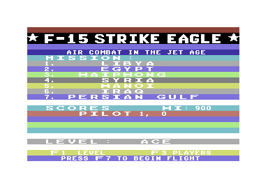 F-15 Strike Eagle (Commodore 64) screenshot: Mission selection