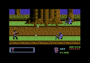 Midnight Resistance (Commodore 64) screenshot: This guys with the grenade launchers are not very dangerous.