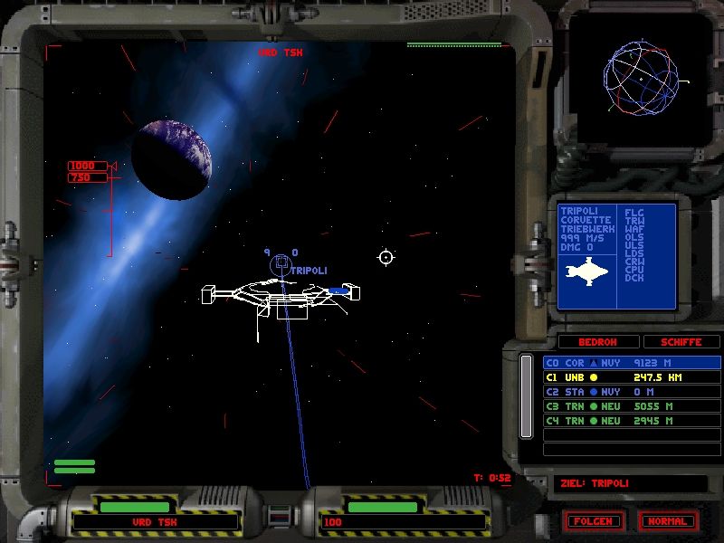 Independence War: The Starship Simulator (Windows) screenshot: Flight formation with the Tripoli to nav point. The autopilot is your best friend in this game.