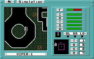 Omega (DOS) screenshot: Running a simulation (EGA).