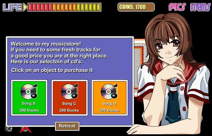 Frank's Adventure 3 (Browser) screenshot: You can even buy records and change the music you're listening to.