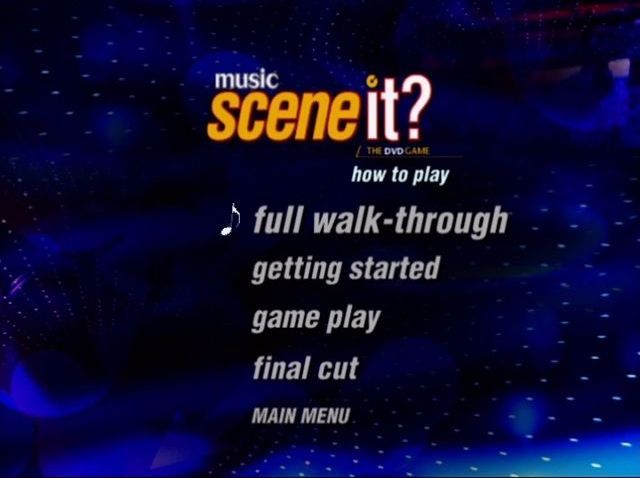 Scene It?: Music (DVD Player) screenshot: The Walkthrough menu<br>The player(s) can have either a full walkthrough or selected sections