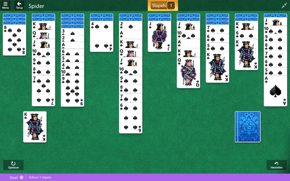 Microsoft Solitaire Collection (Windows Apps) screenshot: A game of Spider (Dutch version)