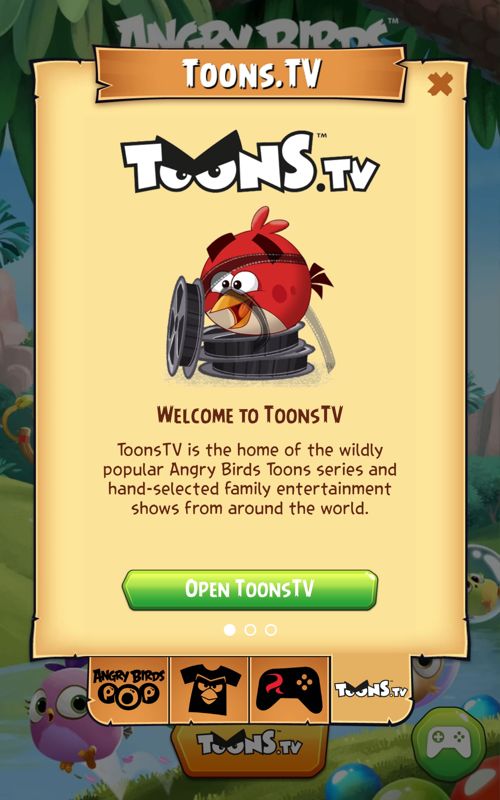 Angry Birds: Pop (Android) screenshot: The game provides a link to Toons.TV