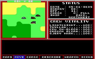 Starflight 2: Trade Routes of the Cloud Nebula (DOS) screenshot: We meet some natives on a undiscovered planet.